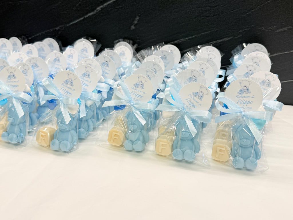 "BEAR + LETTER" SOAP with 5 heart-shaped confetti, clear bag, and personalized tag