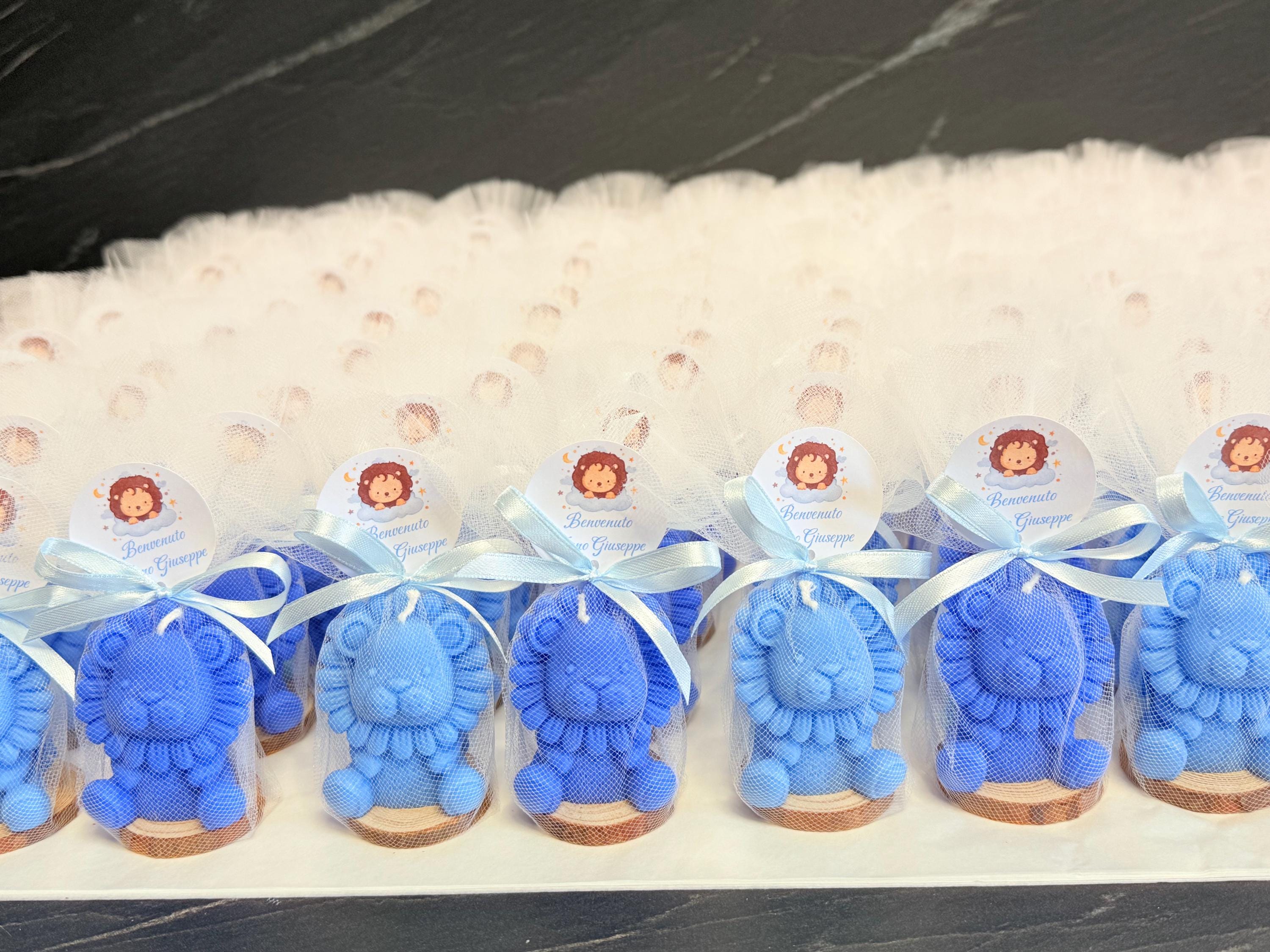 Bougie LIONCEAU INODORE avec tulle et étiquette personnalisée /dragées baptême/naissance/Safari/baby shower/anniversaire enfants/communion/confirmation