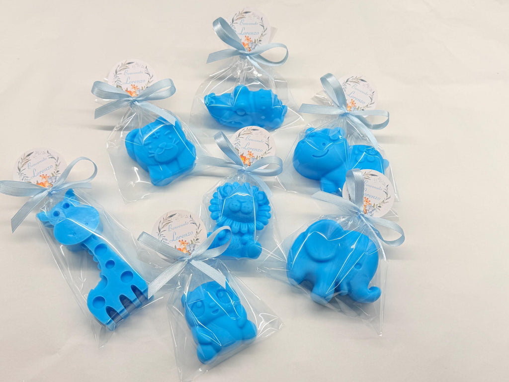 MÉLANGE DE SAVONS SAFARI (7 animaux différents) avec pochette transparente et étiquette personnalisée / dragées baptême/naissance bébés/anniversaire