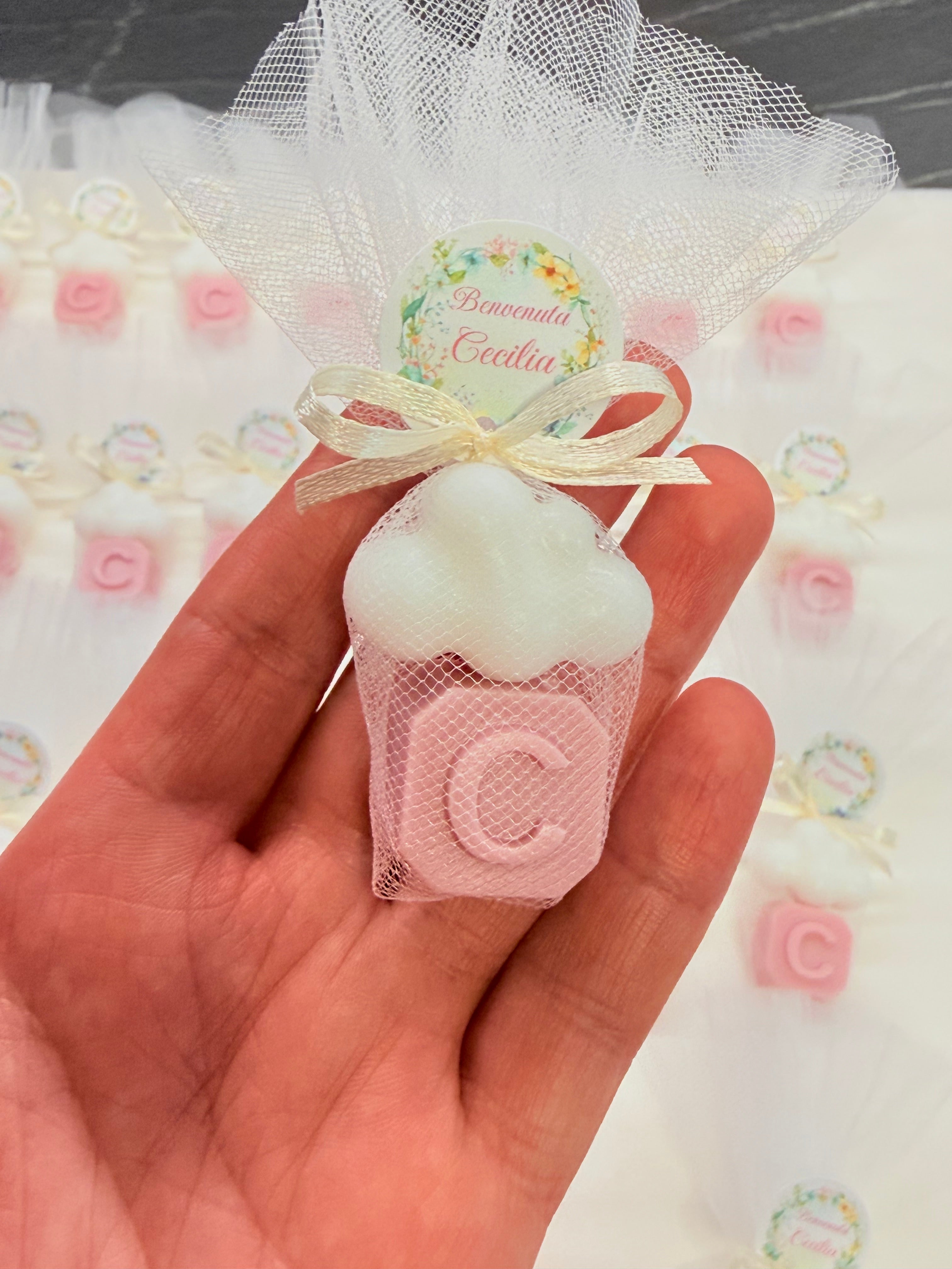Savon Cœur + Lettre avec Tulle, Dragées et Étiquette Personnalisée