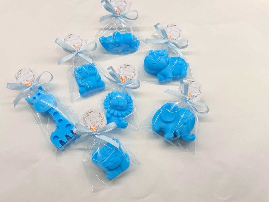 MÉLANGE DE SAVONS SAFARI (7 animaux différents) avec pochette transparente et étiquette personnalisée / dragées baptême/naissance bébés/anniversaire