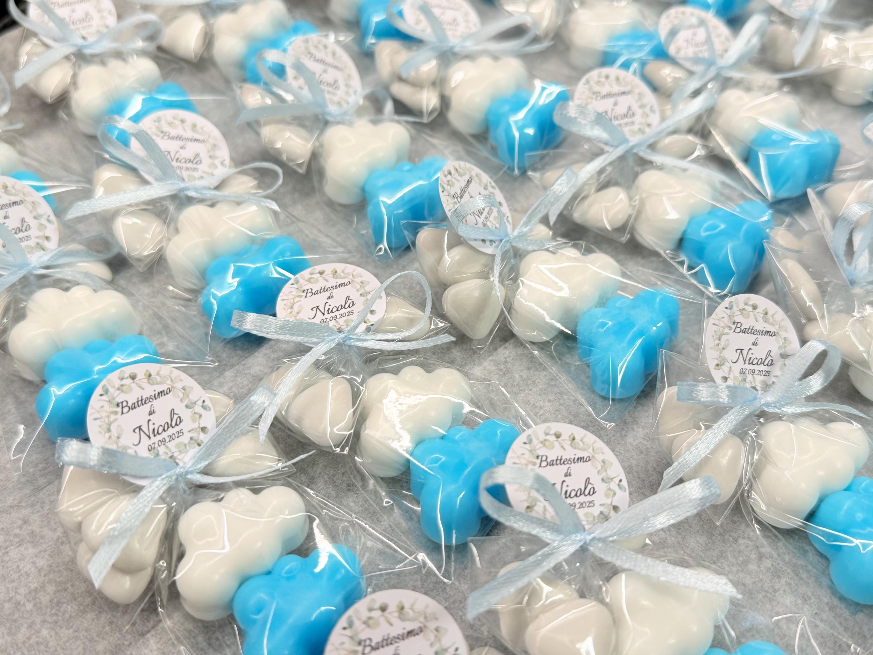 SAVON "2 NUVOLETTE" avec sachet transparent, 5 dragées cœur et étiquette personnalisée