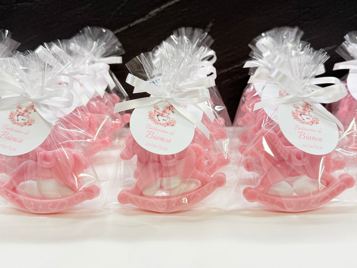 ROCKING HORSE SOAP with Sugared Almonds, clear bag and personalized tag