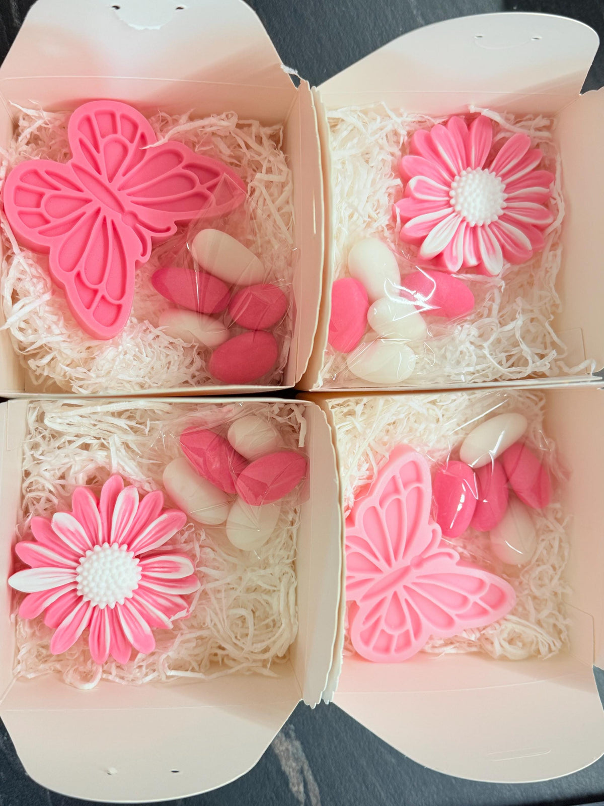 "BUTTERFLY and DAISY SOAP" mix with box, sugared almonds, and personalized tag