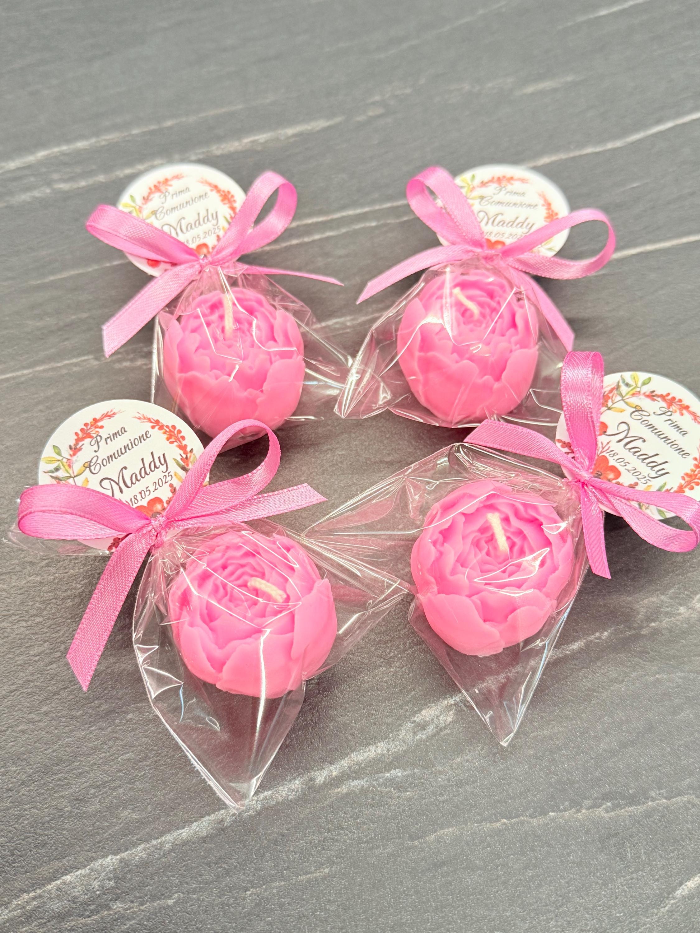 BOUGIE BOURGEON de PIVOINE inodore avec sachet transparent et étiquette personnalisée/mariage/anniversaire/baptême/naissance/communion/diplôme