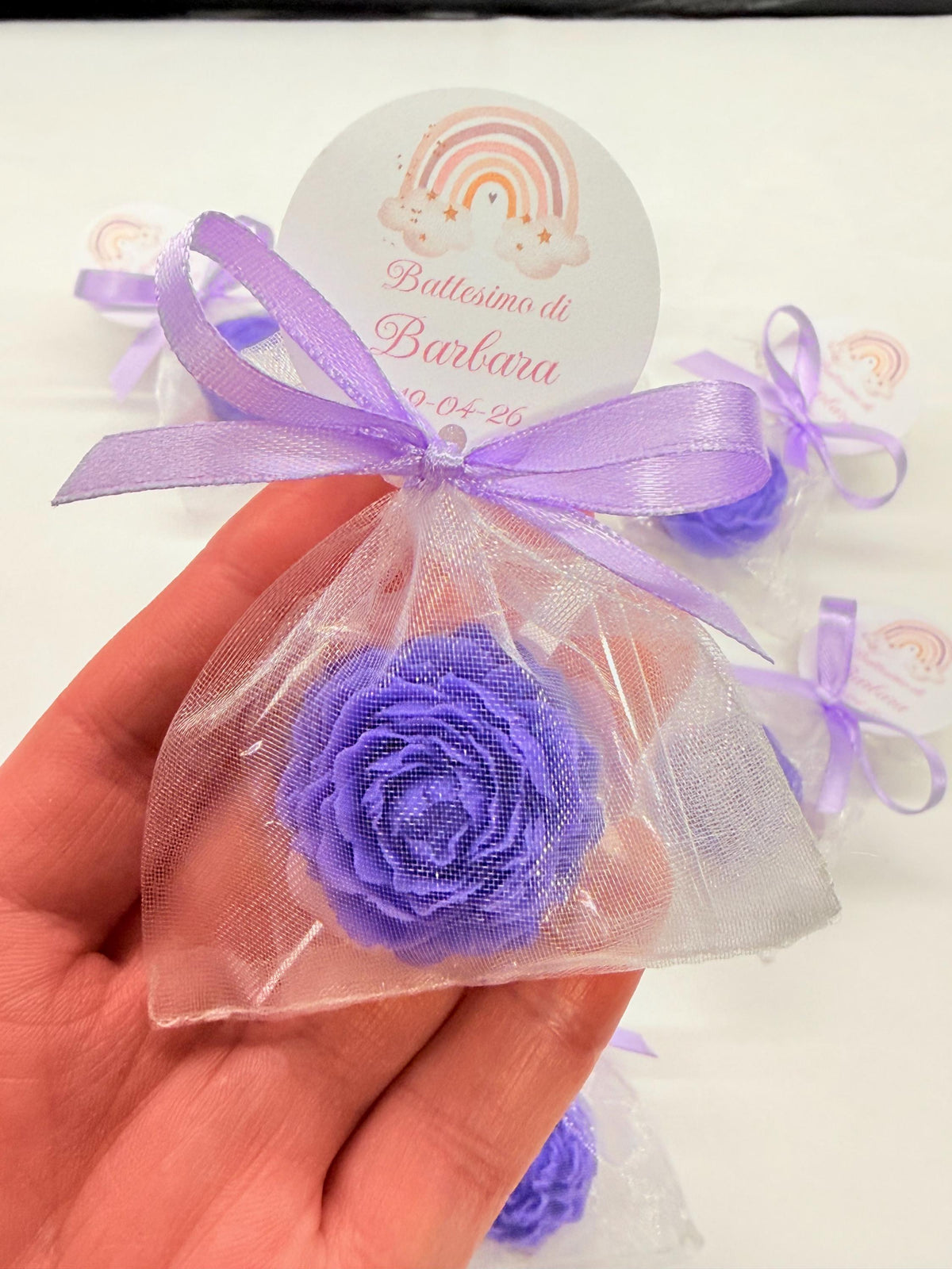 MIXED SOAP "PICCOLI FIORI" with organza bag, 5 heart-shaped confetti, and personalized tag
