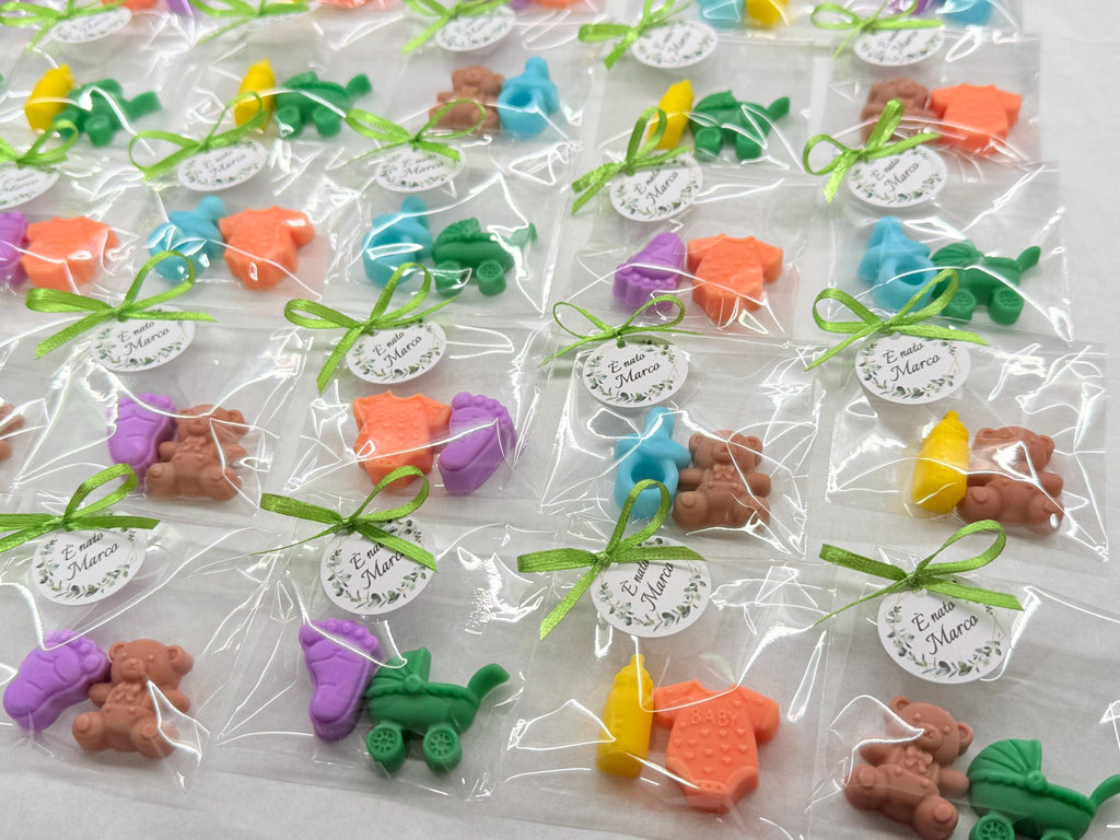 Lot de mini-savons "Naissance" avec sachet transparent et étiquette personnalisée