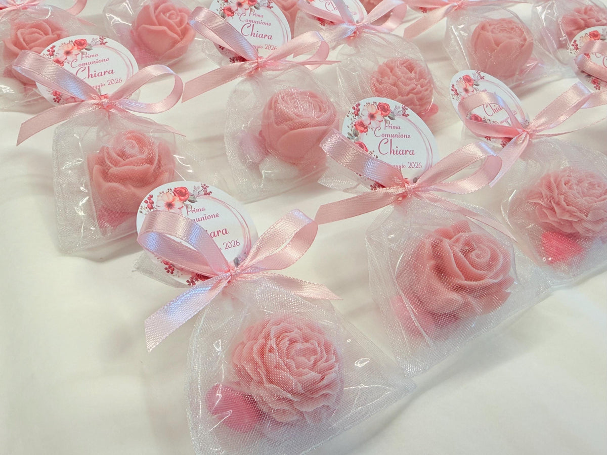 MIXED SOAP "PICCOLI FIORI" with organza bag, 5 heart-shaped confetti, and personalized tag
