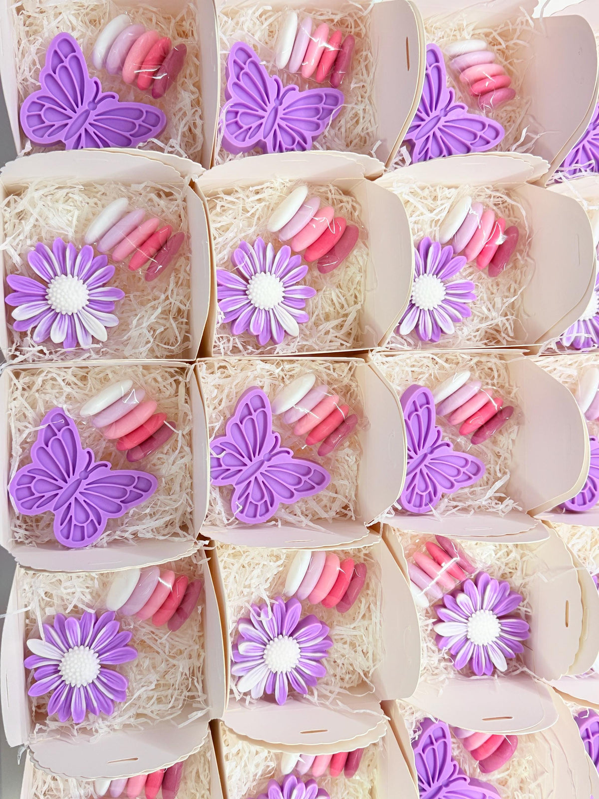 "BUTTERFLY and DAISY SOAP" mix with box, sugared almonds, and personalized tag