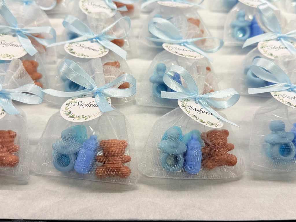 Mini "BIRTH" Soap with organza bag, 5 heart-shaped sugared almonds and personalized tag