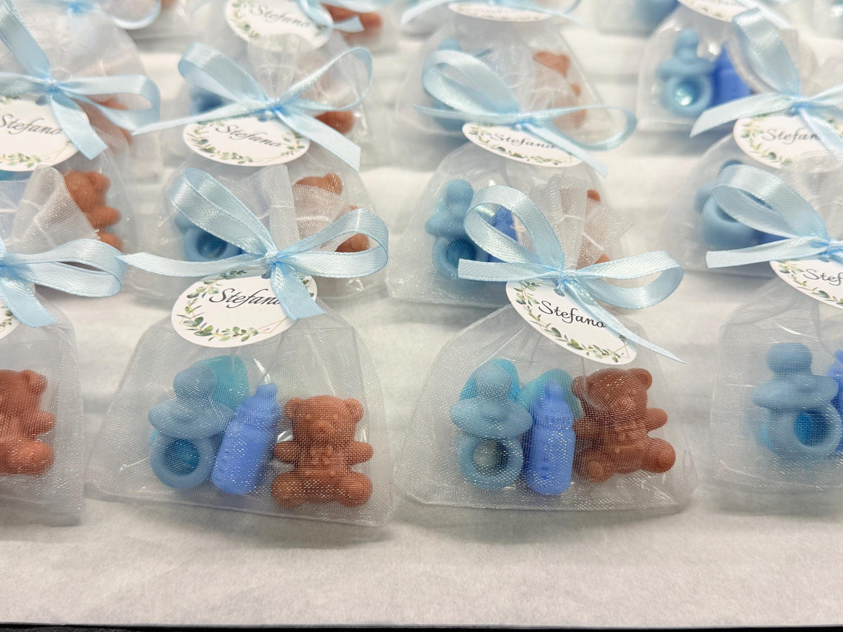 Mini "BIRTH" Soap with organza bag, 5 heart-shaped sugared almonds and personalized tag
