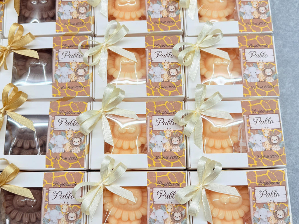 BOUGIE LIONCEAU INODORE avec boîte et dragées /bonbonnières baptême/naissance/anniversaire enfants/baby shower/Safari/cadeau pour invités