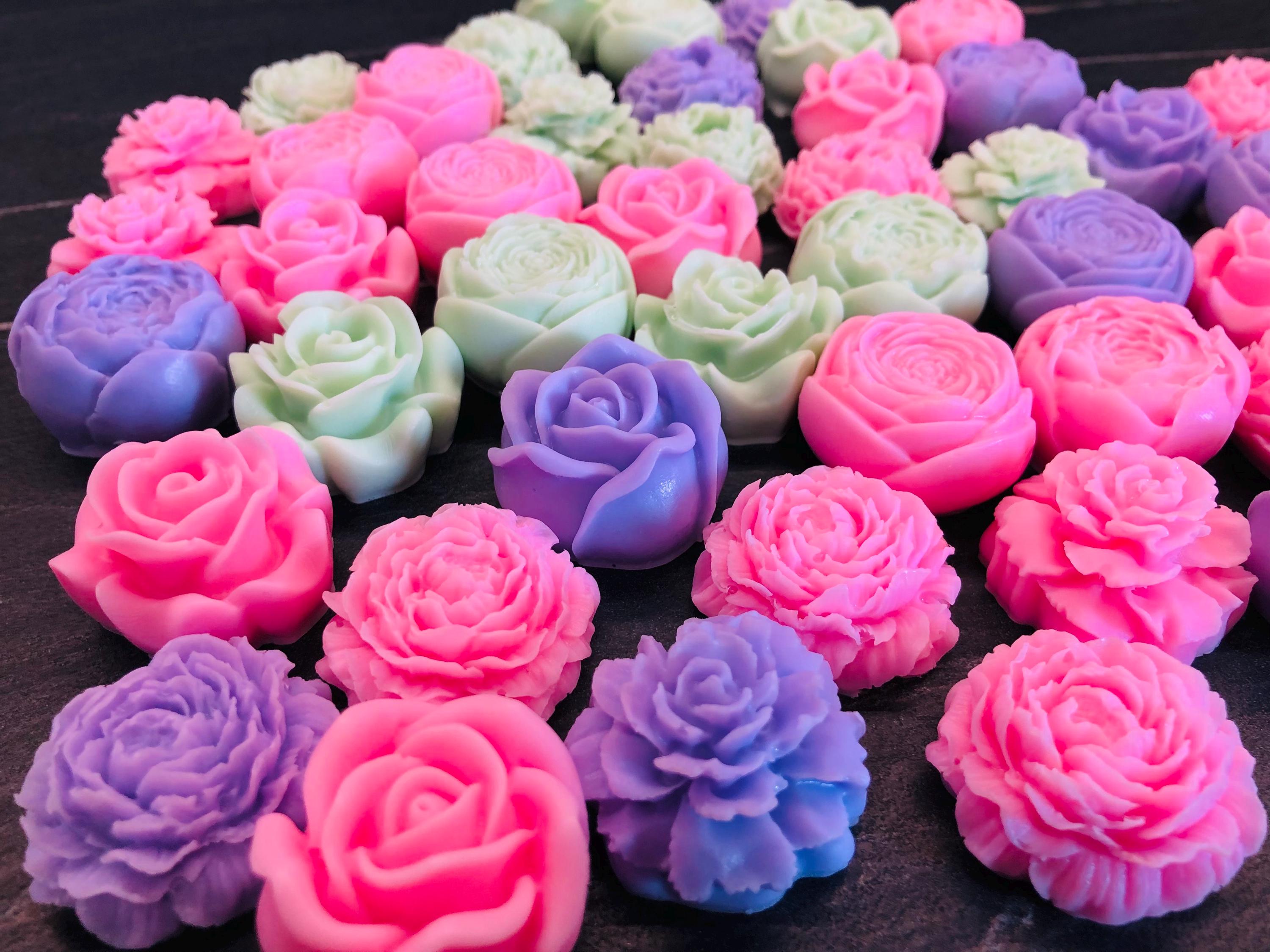 SAVON PETITES FLEURS mixtes avec sachet transparent personnalisé/cadeaux invités communion/confirmation/baptême/anniversaire/diplôme/mariage