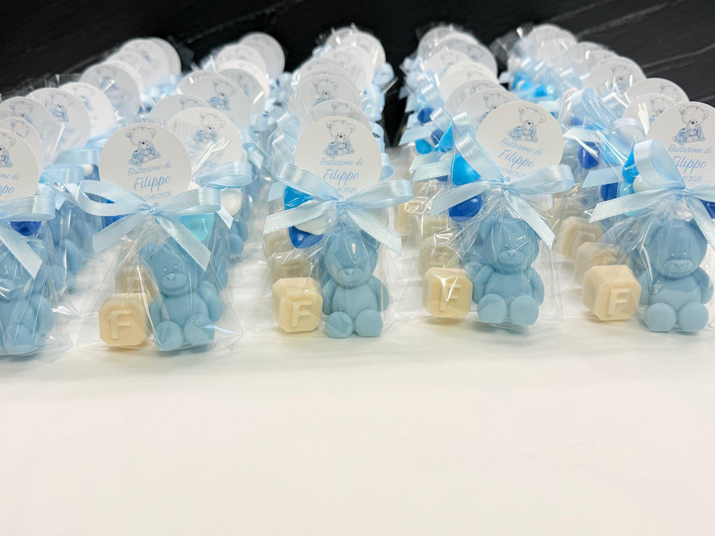 "BEAR + LETTER" SOAP with 5 heart-shaped confetti, clear bag, and personalized tag