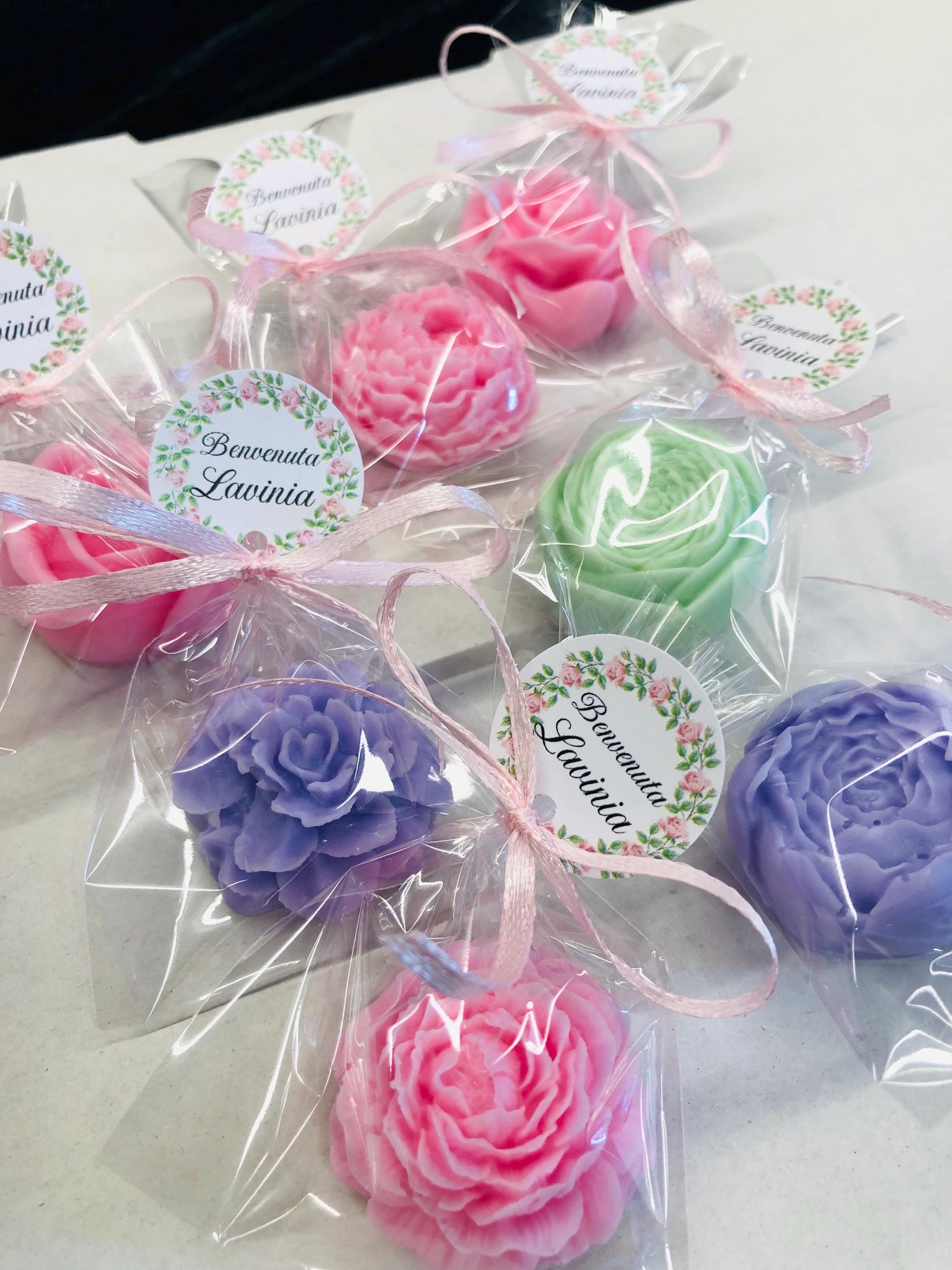 SAVON PETITES FLEURS mixtes avec sachet transparent personnalisé/cadeaux invités communion/confirmation/baptême/anniversaire/diplôme/mariage