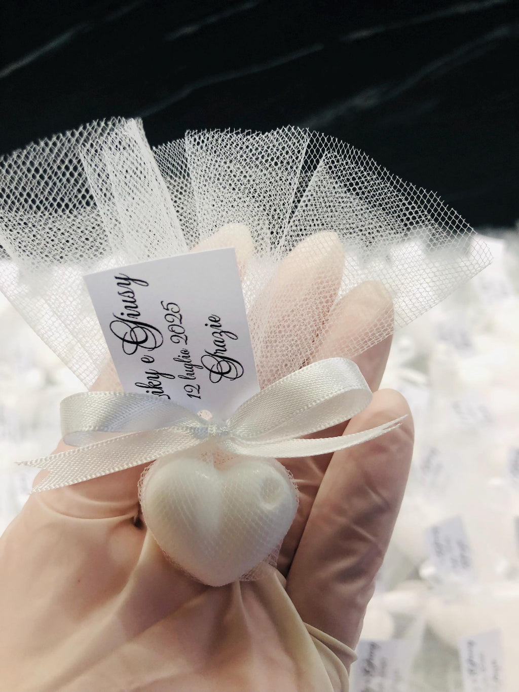 Heart-shaped SOAP with tulle/WEDDING PLACEHOLDER/small soaps/personalized place card/small guest favors