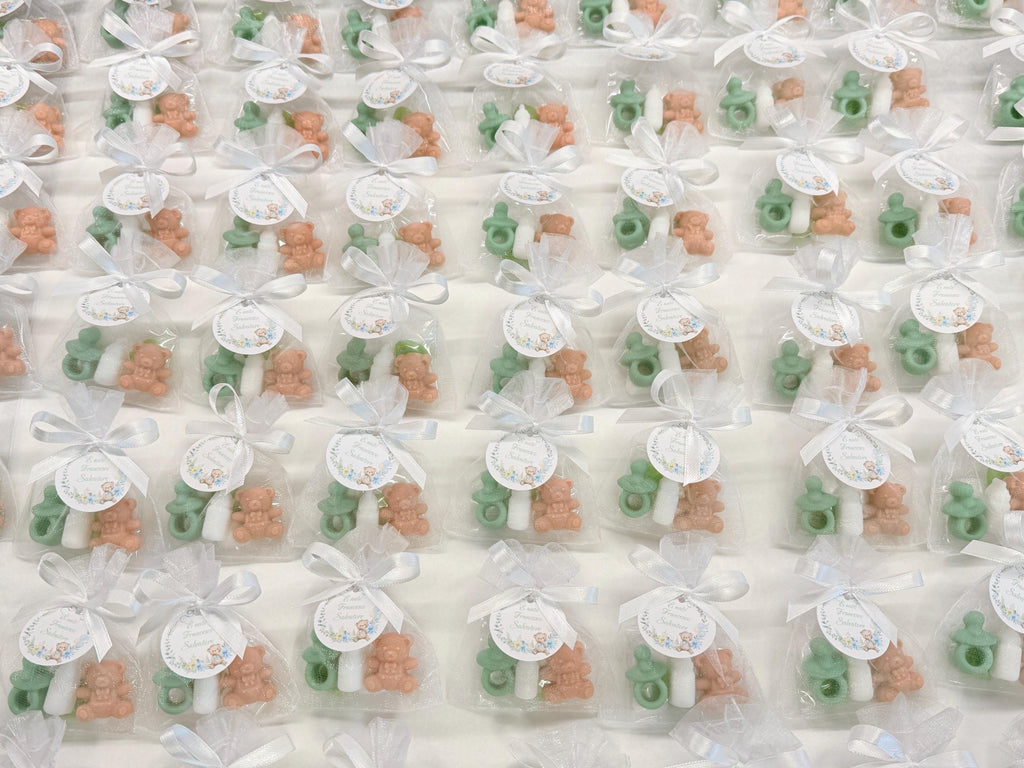 Mini "BIRTH" Soap with organza bag, 5 heart-shaped sugared almonds and personalized tag