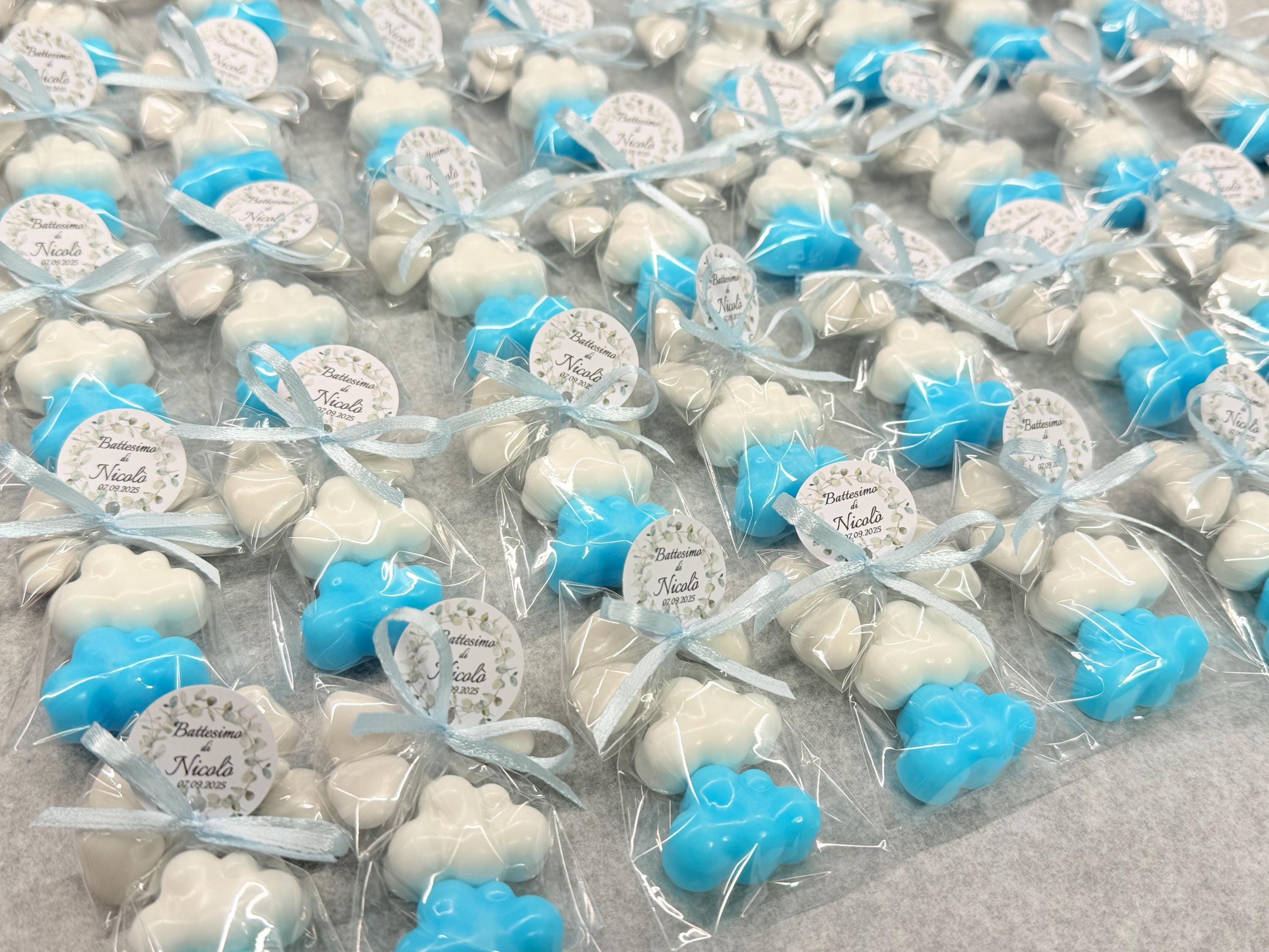 SAVON "2 NUVOLETTE" avec sachet transparent, 5 dragées cœur et étiquette personnalisée