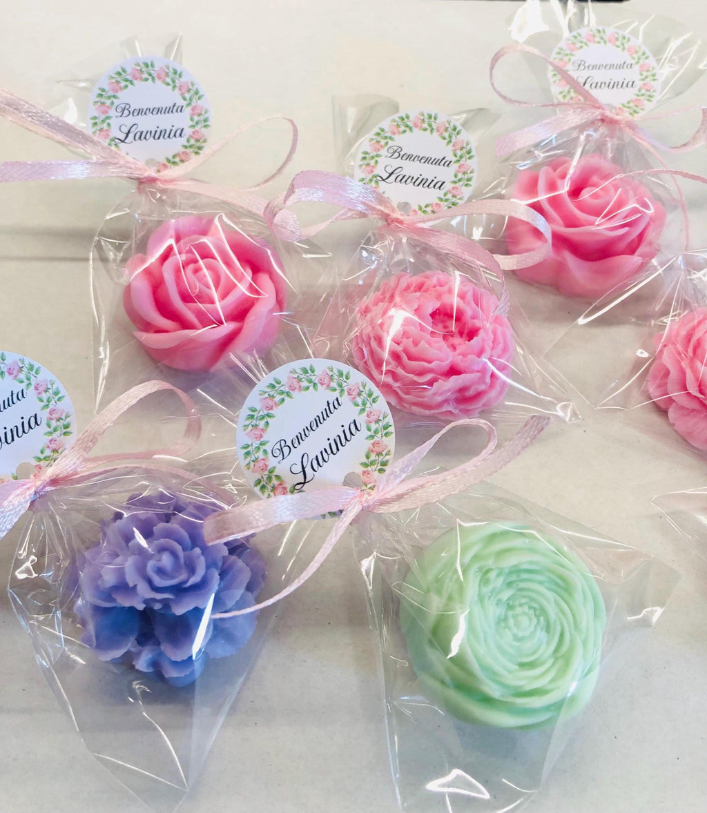 SAVON PETITES FLEURS mixtes avec sachet transparent personnalisé/cadeaux invités communion/confirmation/baptême/anniversaire/diplôme/mariage