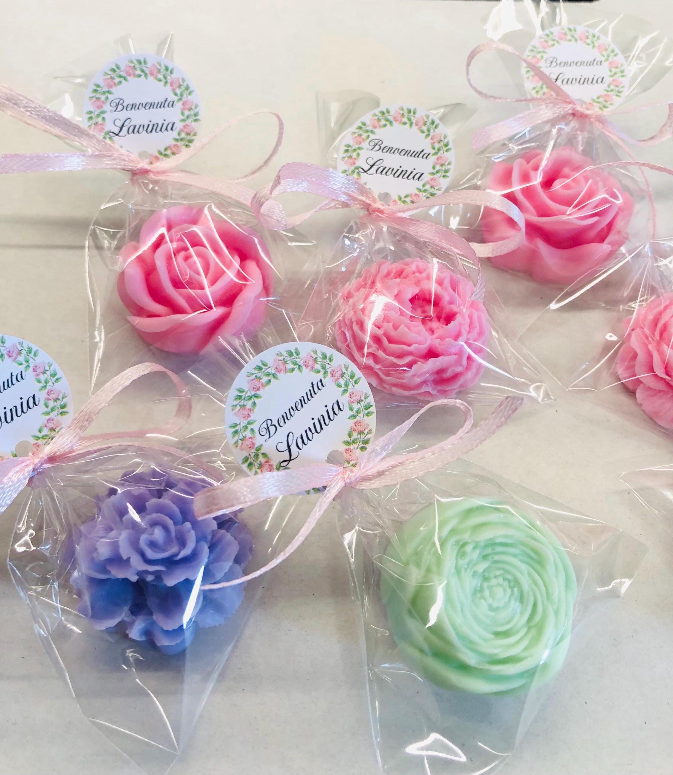 SAVON PETITES FLEURS mixtes avec sachet transparent personnalisé/cadeaux invités communion/confirmation/baptême/anniversaire/diplôme/mariage