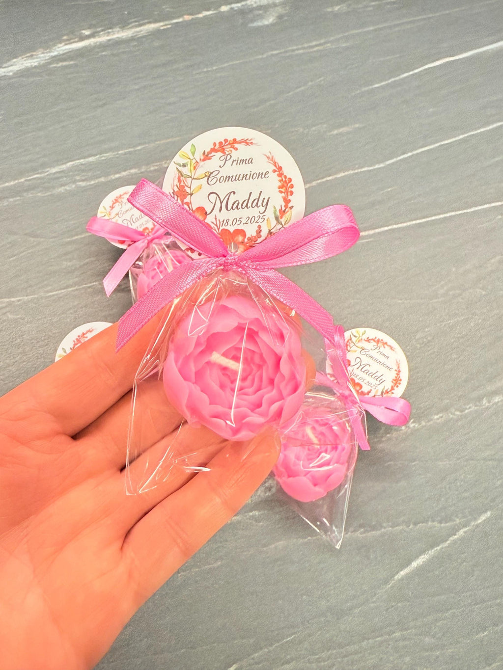 BOUGIE BOURGEON de PIVOINE inodore avec sachet transparent et étiquette personnalisée/mariage/anniversaire/baptême/naissance/communion/diplôme