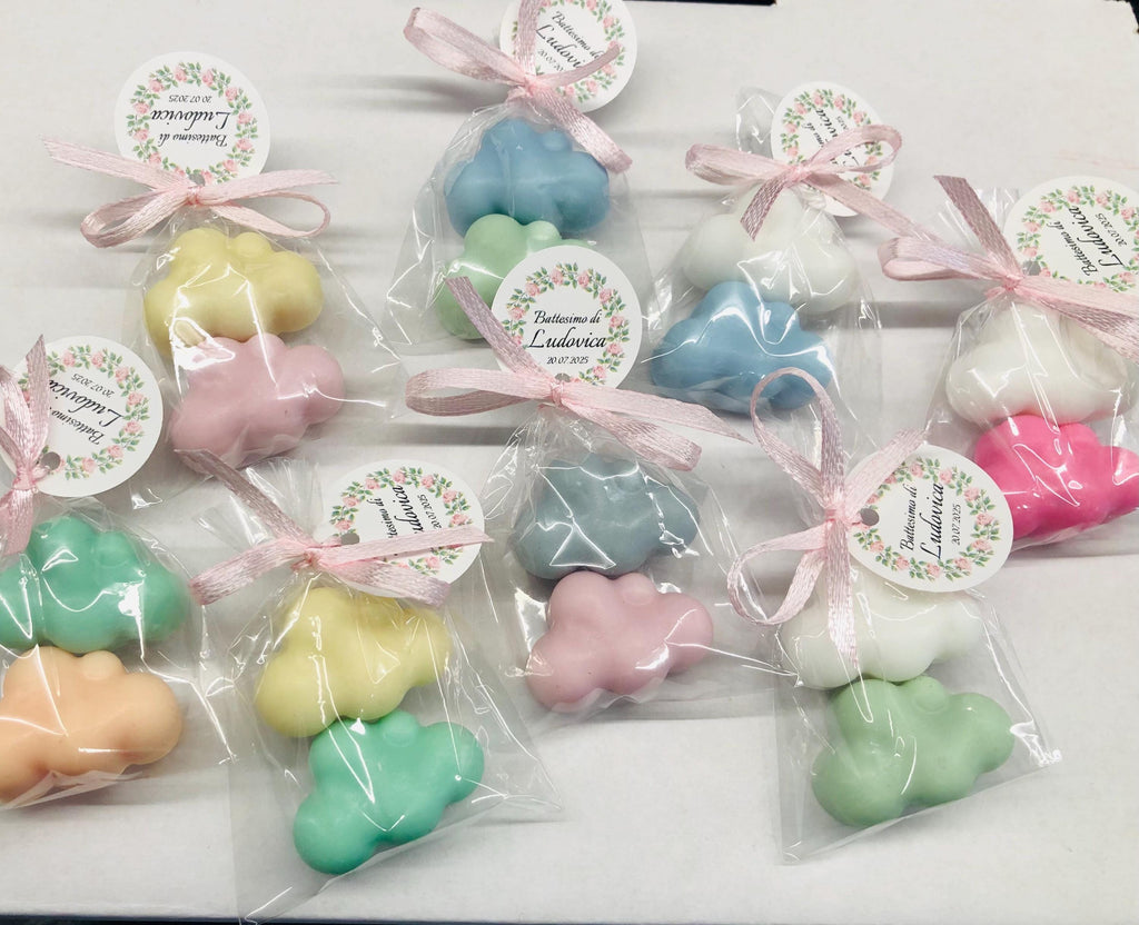 2 MINI SAVONNETTES "NUVOLA" avec sachet transparent et étiquette personnalisée