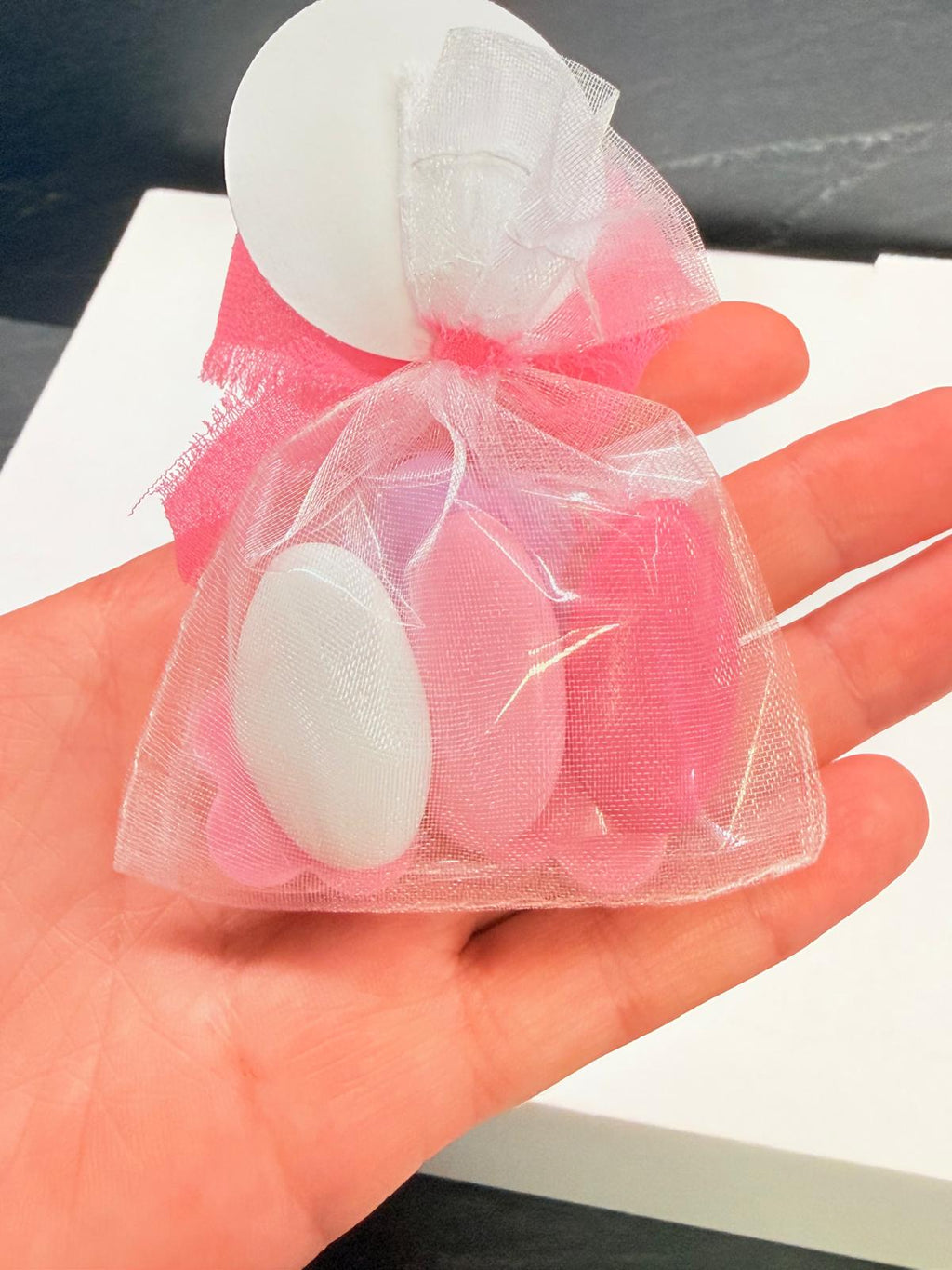 "TRIS OF LITTLE FLOWERS" SOAP with Organza Bag, 3 Chocolate Dragees and Chiffon Ribbon
