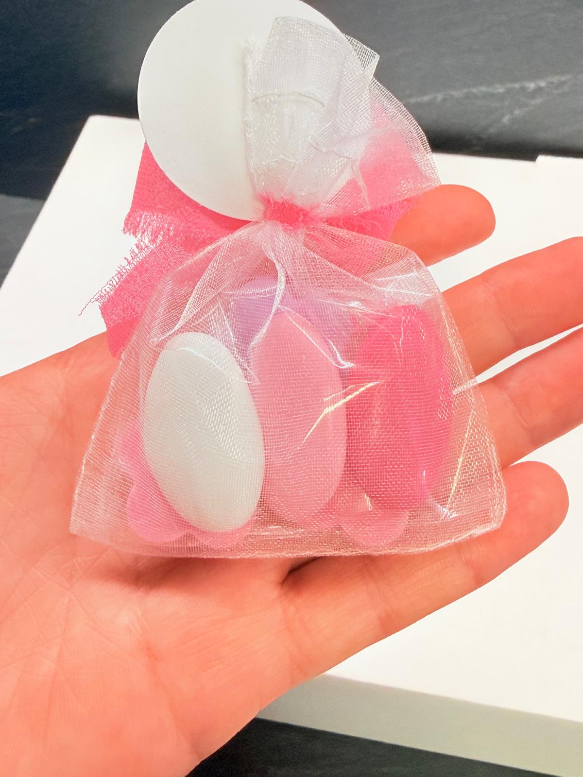 "TRIS OF LITTLE FLOWERS" SOAP with Organza Bag, 3 Chocolate Dragees and Chiffon Ribbon