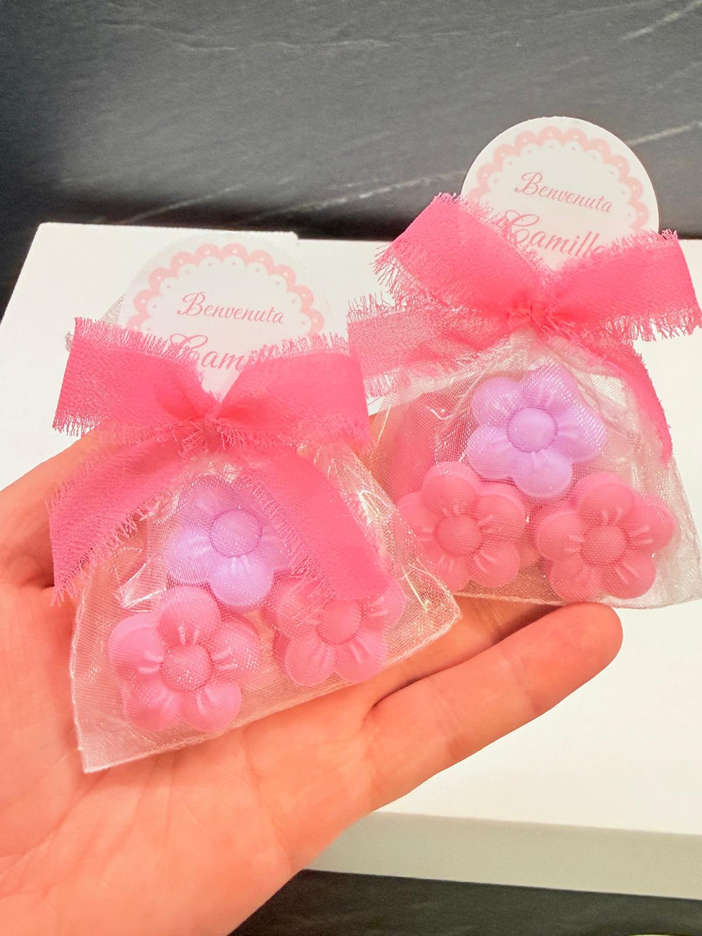 "TRIS OF LITTLE FLOWERS" SOAP with Organza Bag, 3 Chocolate Dragees and Chiffon Ribbon