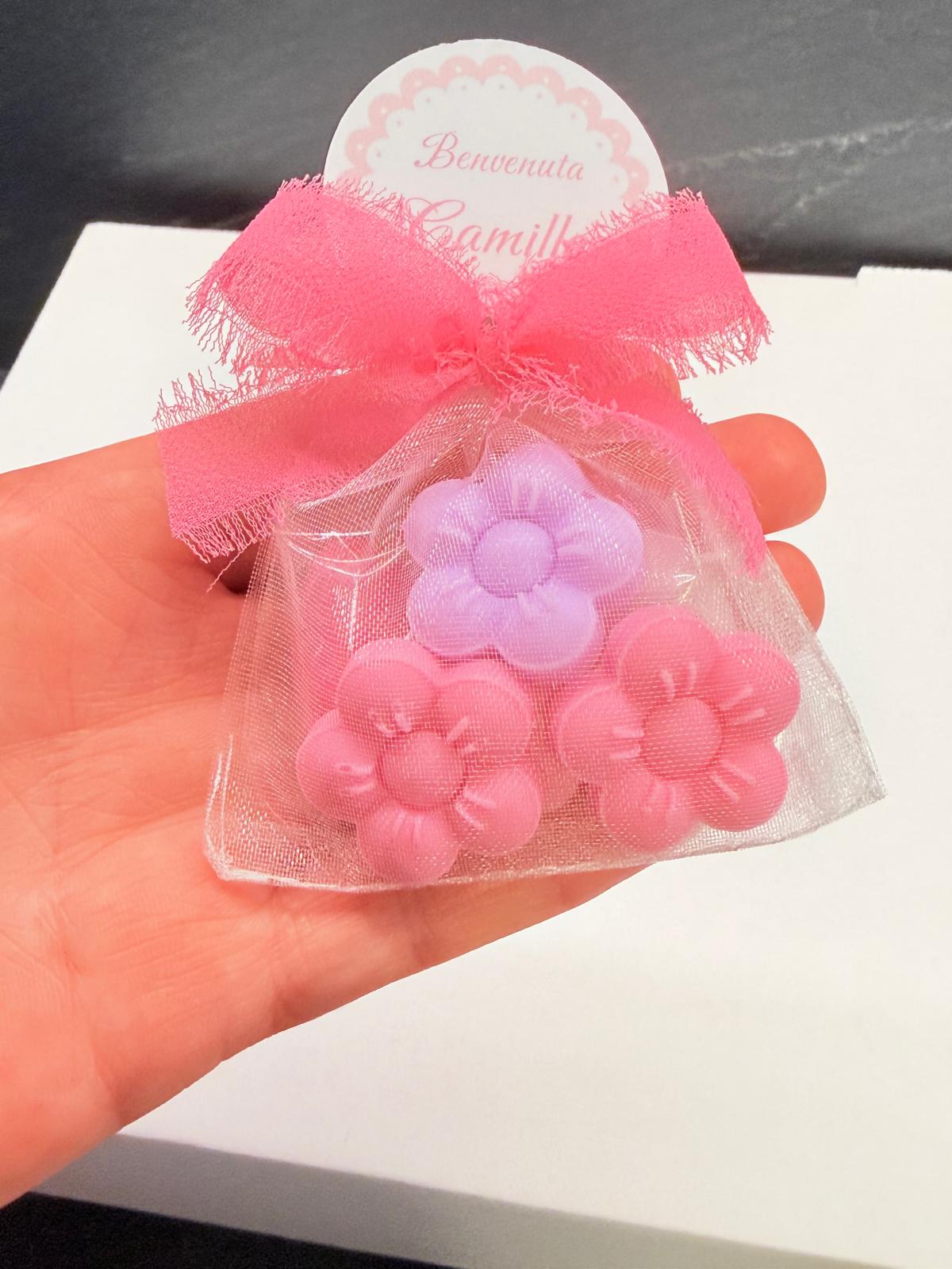 "TRIS OF LITTLE FLOWERS" SOAP with Organza Bag, 3 Chocolate Dragees and Chiffon Ribbon
