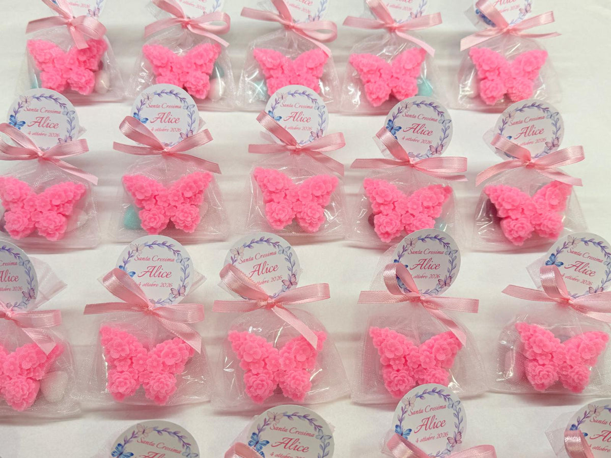 "FARFALLINA FLOREALE" PROFUMATA in CERA DI SOIA, con Sacchetto di Organza e 5 confetti cuoricino