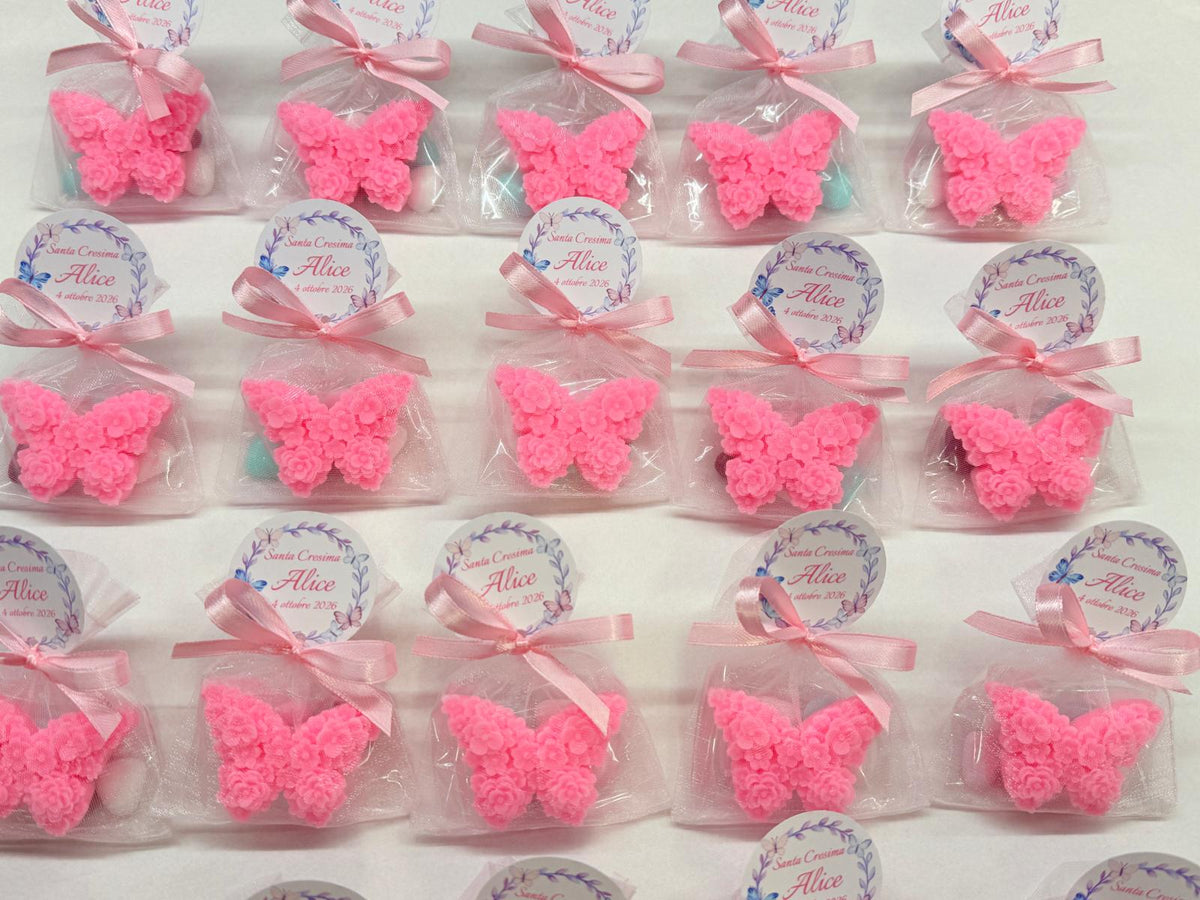 "FARFALLINA FLOREALE" PROFUMATA in CERA DI SOIA, con Sacchetto di Organza e 5 confetti cuoricino