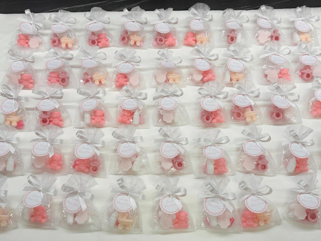 Mini BIRTH Soap with organza bag, 3 heart-shaped sugared almonds and personalized tag/birth/foot/pacifier/sugared almonds