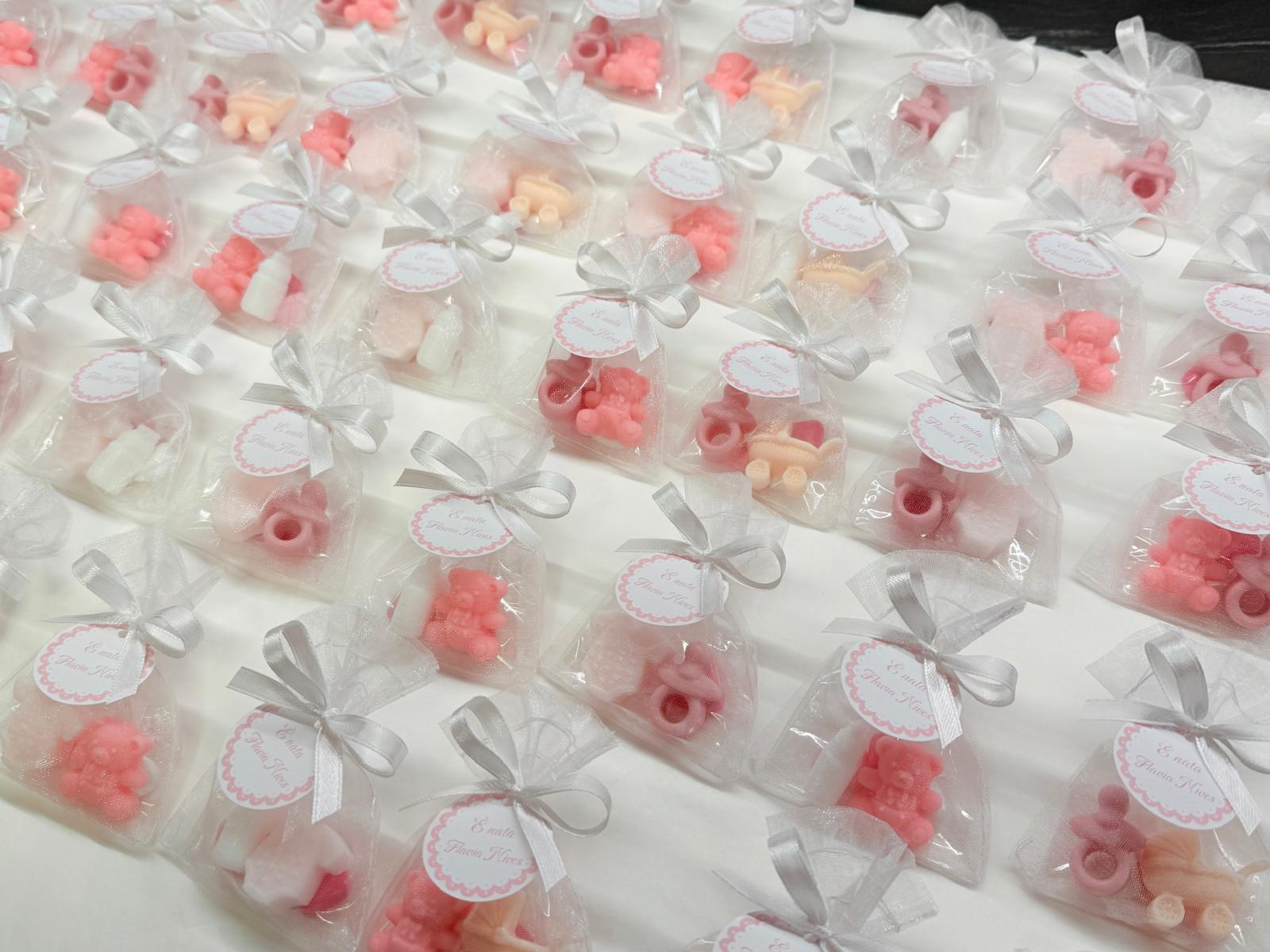 Mini BIRTH Soap with organza bag, 3 heart-shaped sugared almonds and personalized tag/birth/foot/pacifier/sugared almonds