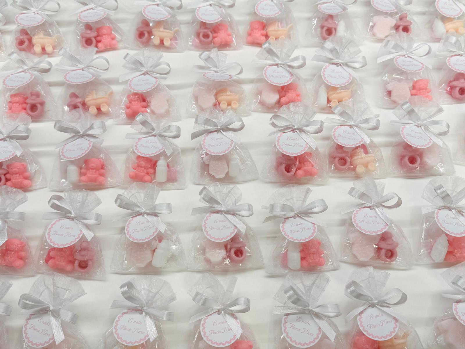 Mini BIRTH Soap with organza bag, 3 heart-shaped sugared almonds and personalized tag/birth/foot/pacifier/sugared almonds