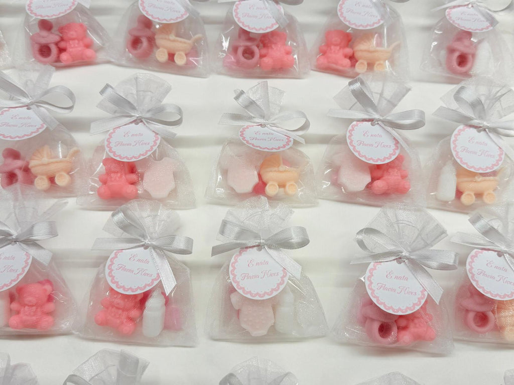 Mini BIRTH Soap with organza bag, 3 heart-shaped sugared almonds and personalized tag/birth/foot/pacifier/sugared almonds