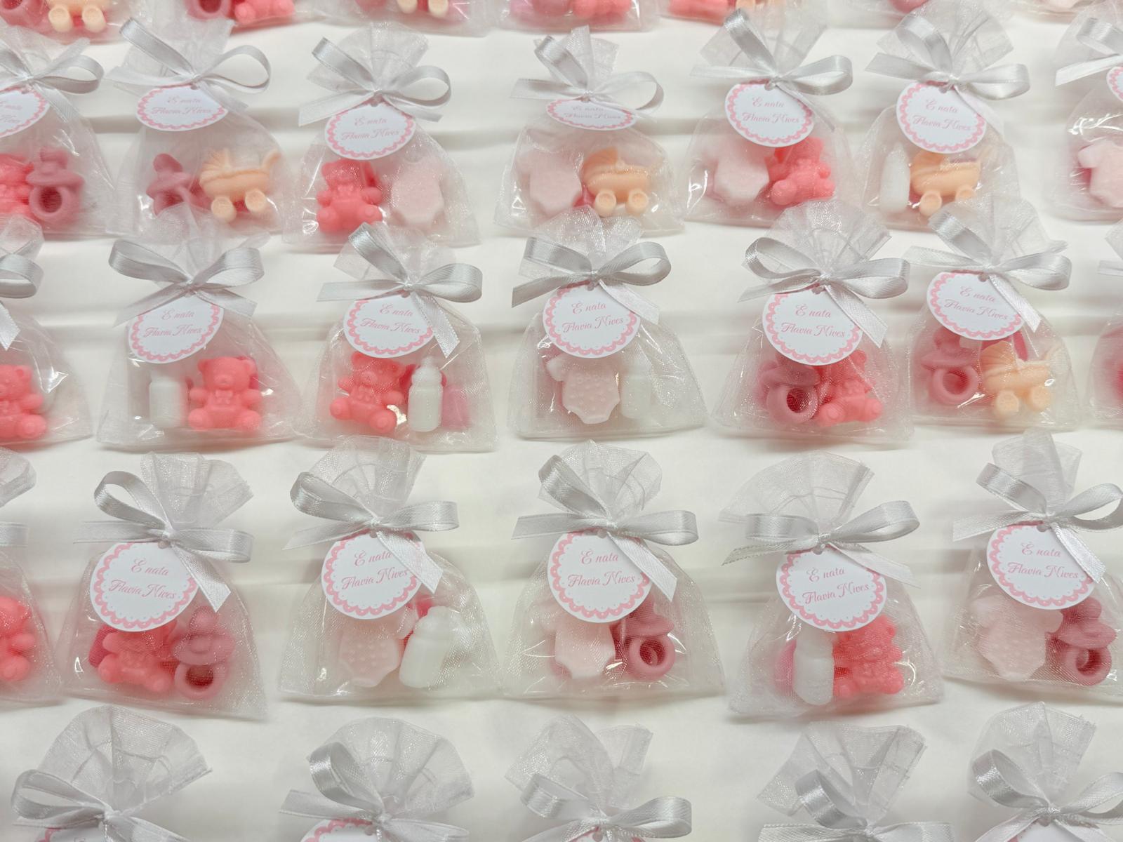Mini BIRTH Soap with organza bag, 3 heart-shaped sugared almonds and personalized tag/birth/foot/pacifier/sugared almonds