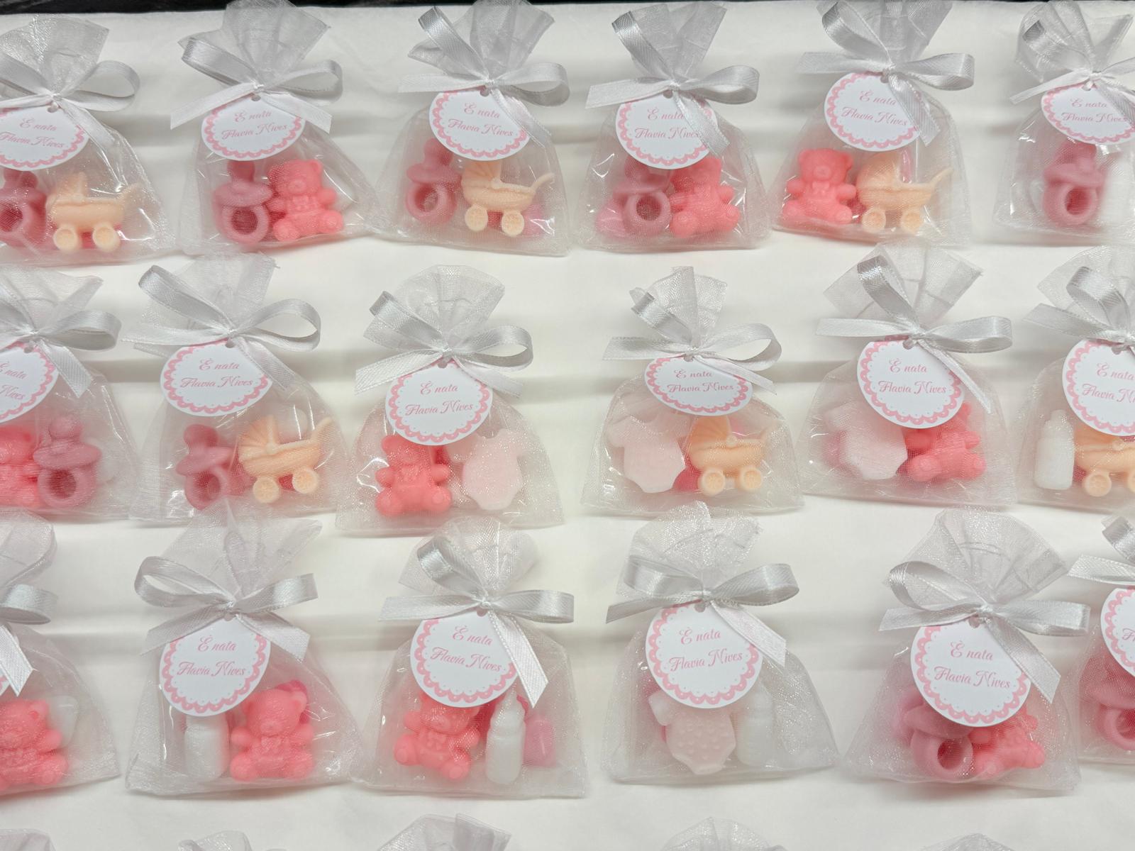 Mini BIRTH Soap with organza bag, 3 heart-shaped sugared almonds and personalized tag/birth/foot/pacifier/sugared almonds