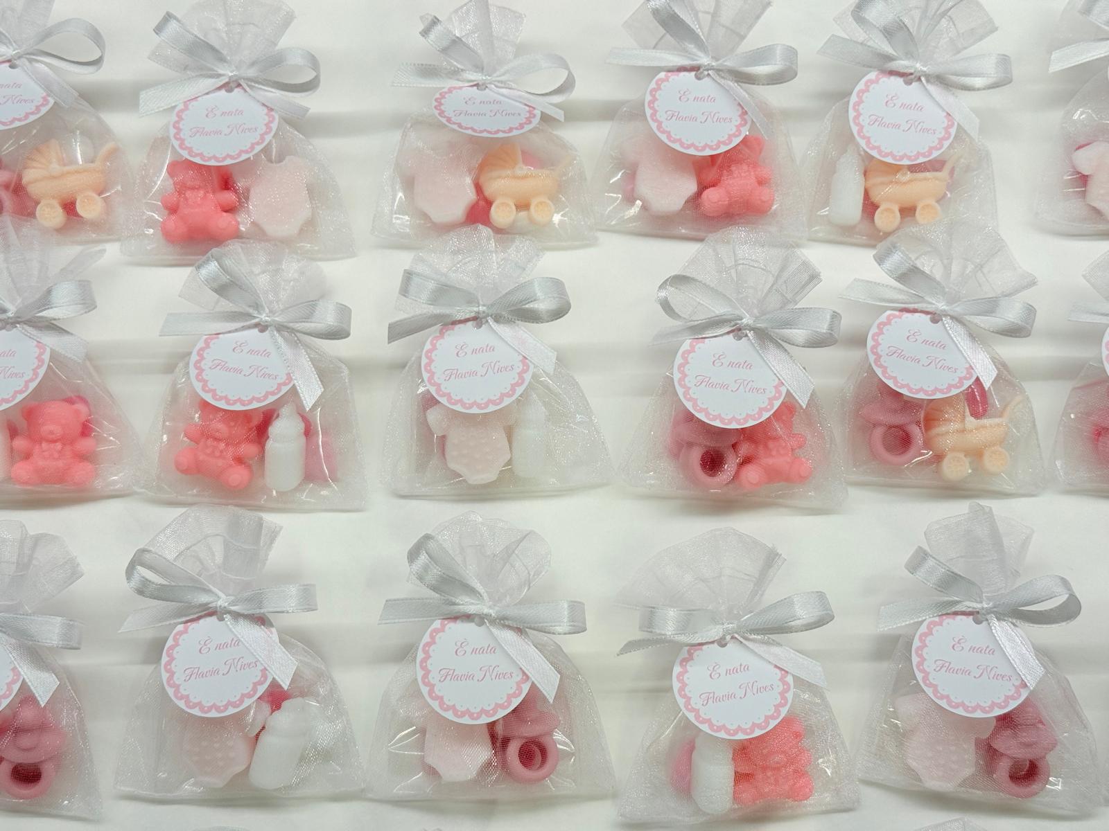 Mini BIRTH Soap with organza bag, 3 heart-shaped sugared almonds and personalized tag/birth/foot/pacifier/sugared almonds