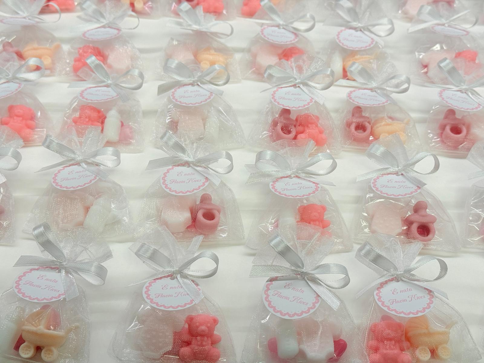 Mini BIRTH Soap with organza bag, 3 heart-shaped sugared almonds and personalized tag/birth/foot/pacifier/sugared almonds