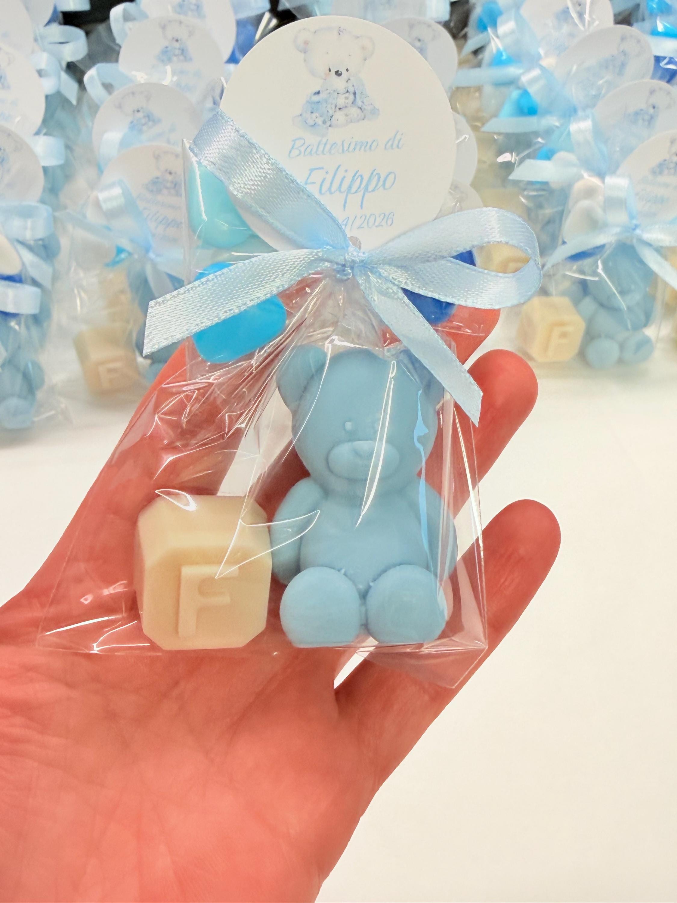 "BEAR + LETTER" SOAP with 5 heart-shaped confetti, clear bag, and personalized tag