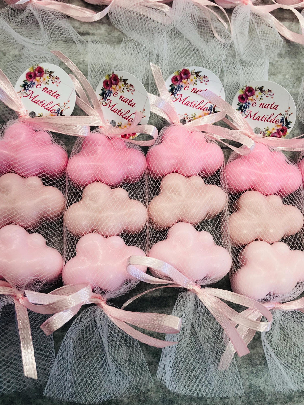 3 CLOUDS SOAP with tulle and personalized tag/baptism favors/communion/birth/baby shower/children's birthday/confirmation/guest gift