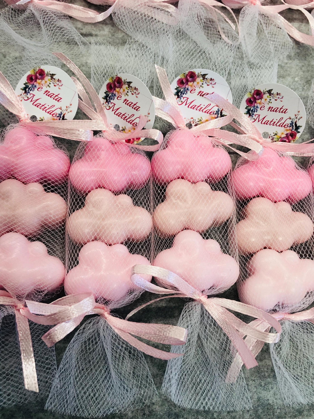 3 CLOUDS SOAP with tulle and personalized tag/baptism favors/communion/birth/baby shower/children's birthday/confirmation/guest gift