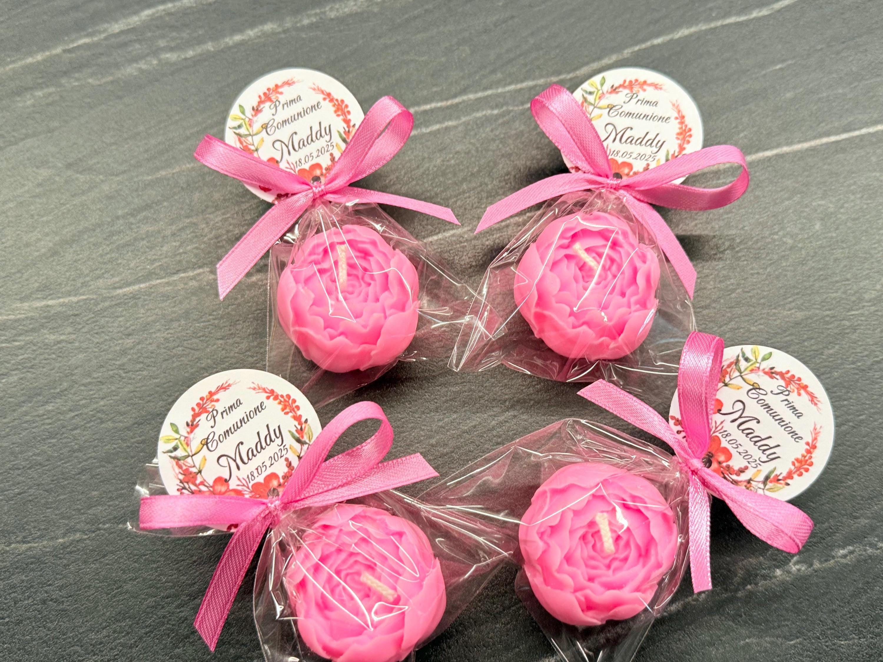 BOUGIE BOURGEON de PIVOINE inodore avec sachet transparent et étiquette personnalisée/mariage/anniversaire/baptême/naissance/communion/diplôme