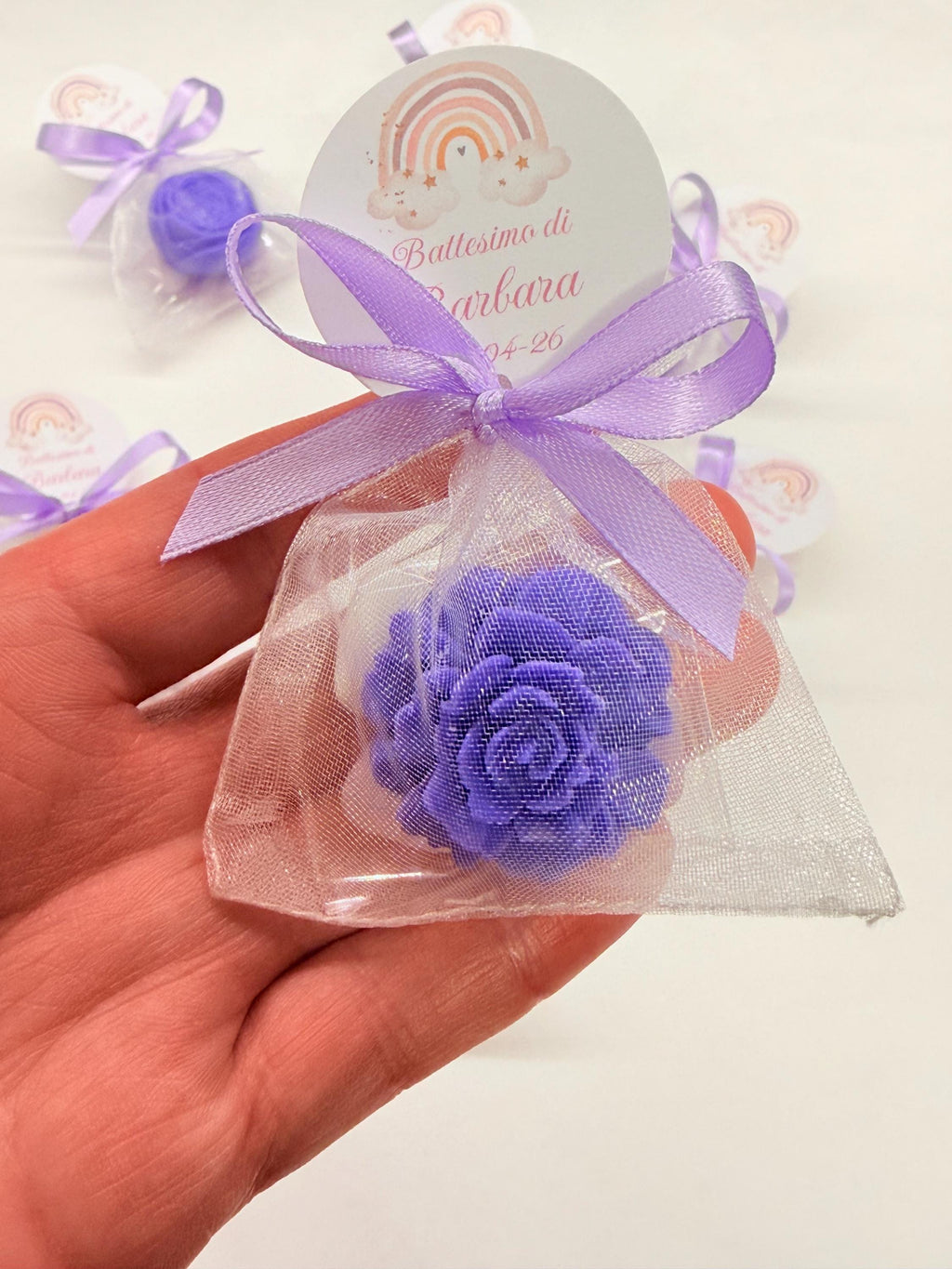 MIXED SOAP "PICCOLI FIORI" with organza bag, 5 heart-shaped confetti, and personalized tag