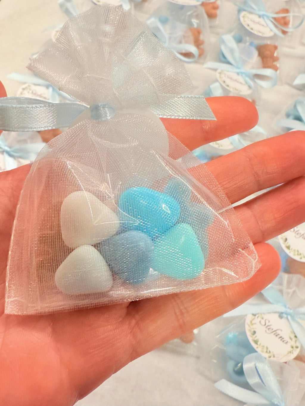 Mini "BIRTH" Soap with organza bag, 5 heart-shaped sugared almonds and personalized tag