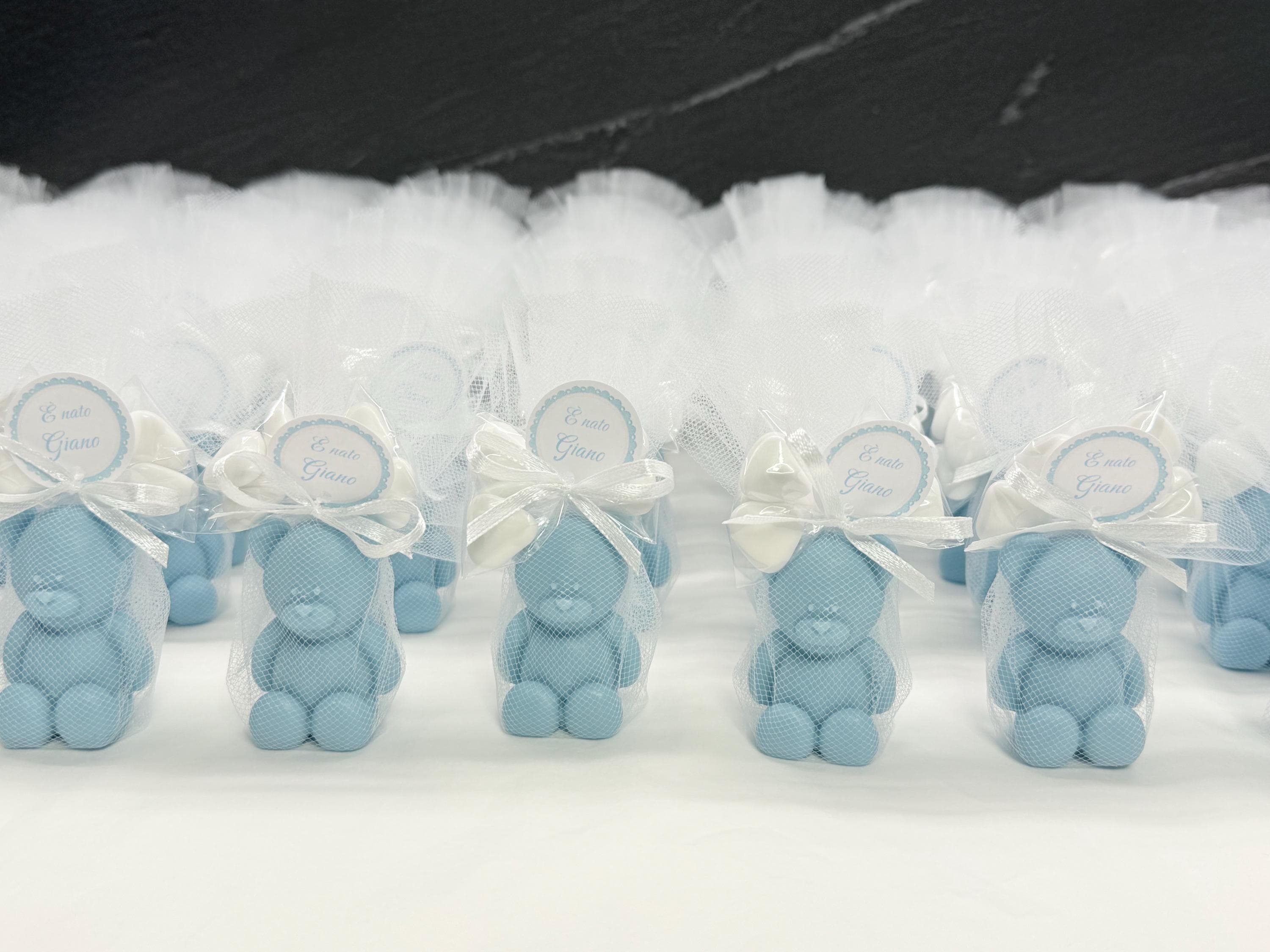 Savon Ourson avec tulle, 5 dragées en forme de cœur et étiquette personnalisée/cadeaux de baptême/naissance/baby shower/ours en peluche/Teddy/