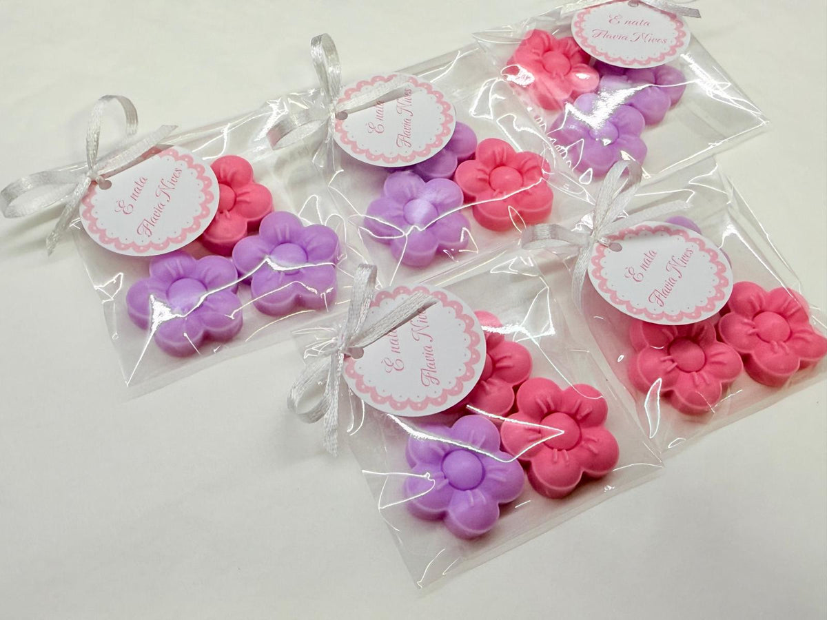 BOMBONIERA SAPONE TRIS FIORELLINI CONFEZIONE E TAG NASCITA COMPLEANNO BIMBI