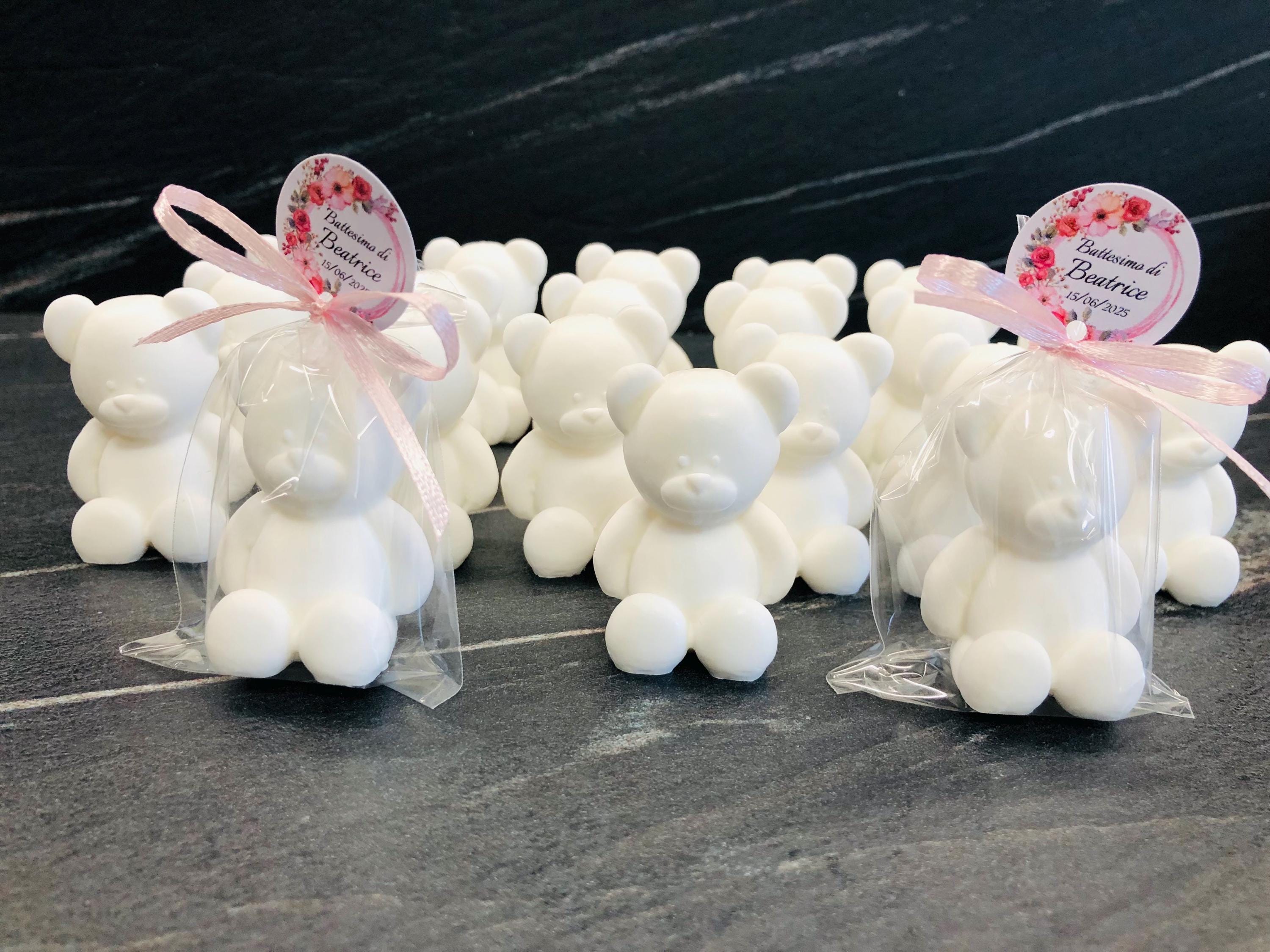 SAVON OURSON BLANC inodore avec sachet transparent et étiquette personnalisée/dragées baptême/baby shower/naissance/anniversaire enfants