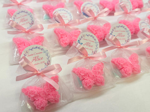 Candela farfallina floreale profumata personalizzata con sacchetto organza e confetti – bomboniera per battesimo e nascita